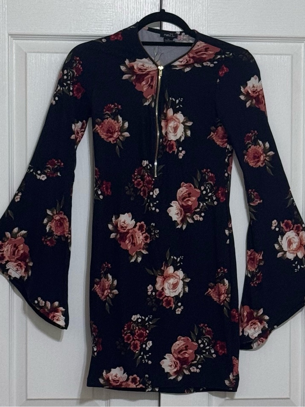 Rue21 Black Long-Sleeve Mini Dress with Rose Print